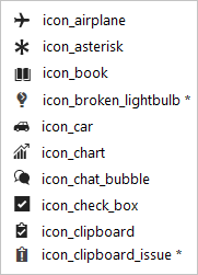 icon_airplane、icon_asterisk、 icon_book、icon_car、icon_chart、icon_chat_bubble、icon_check_box、icon_clipboard、icon_code_response、icon_palette、icon_code_review icon_crown