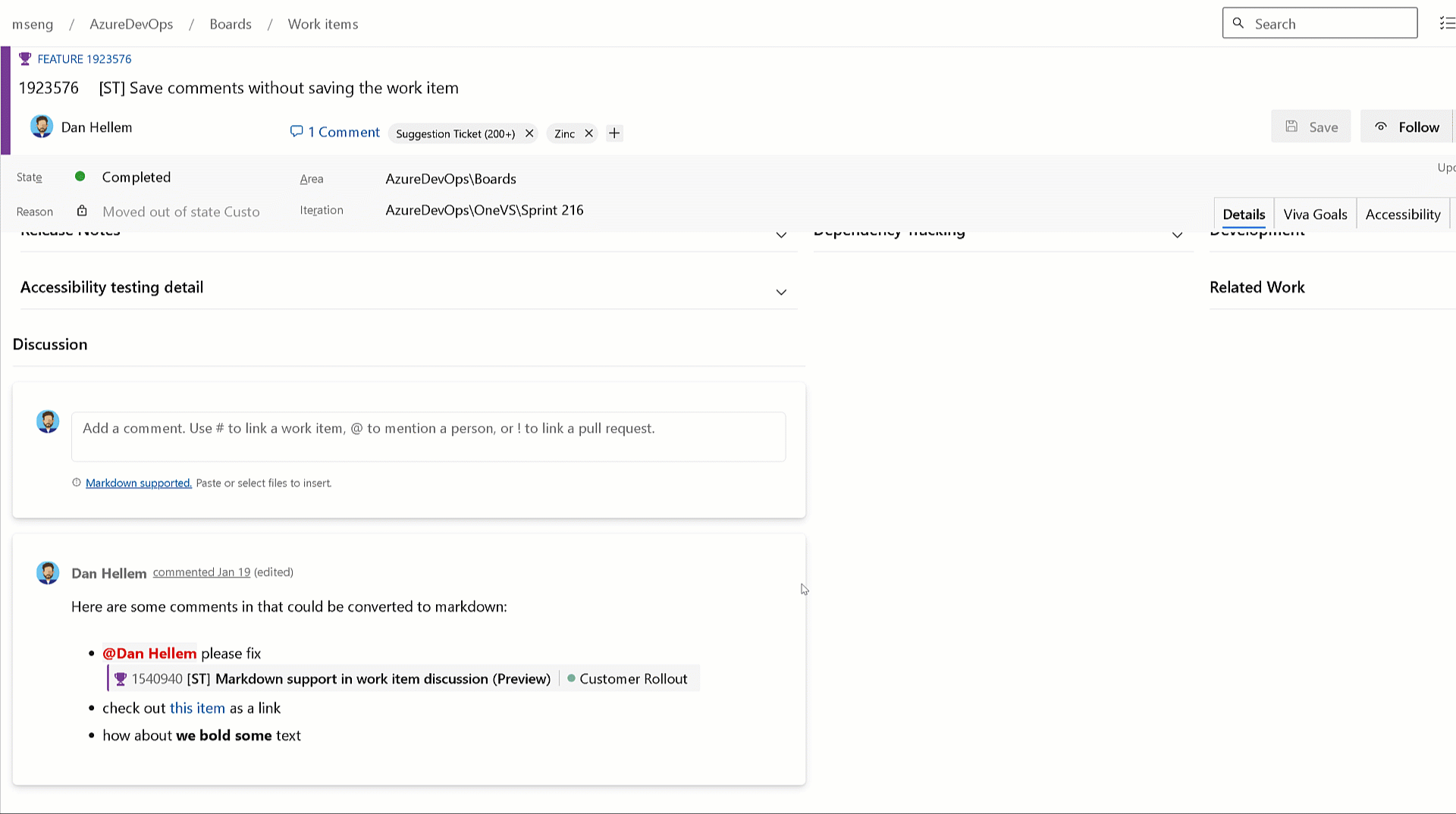 Gif to demo markdown support for comments.