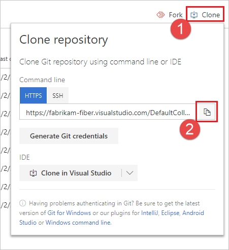 [Clone respository] (リポジトリのクローン) ダイアログ。