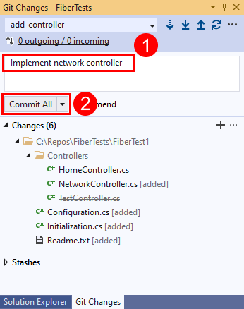 Visual Studio の [Git 変更] ウィンドウにある [すべてコミット] オプションのスクリーンショット。