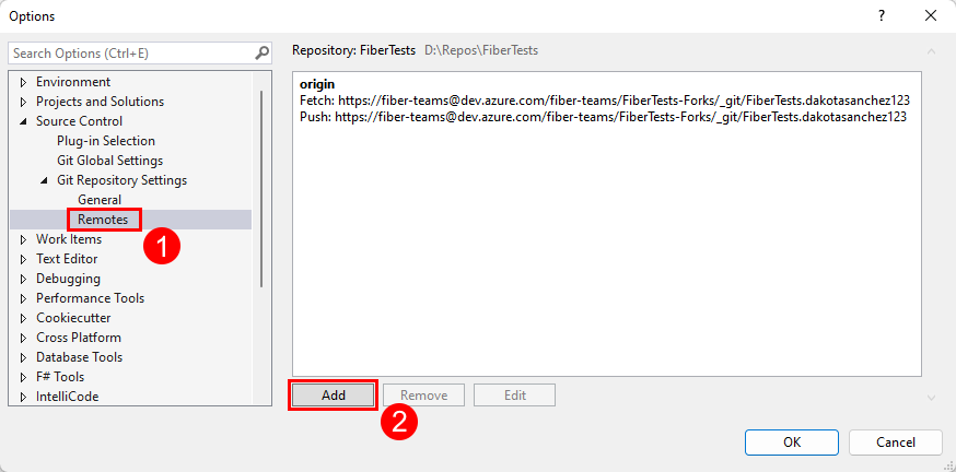Visual Studio の [ソース管理] メニューの [Git リポジトリ設定] サブメニューの [リモート] ペインにある [追加] ボタンのスクリーンショット。