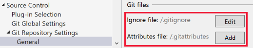 Visual Studio の .gitignore または .gitattributes ファイルの [編集] ボタンを示すスクリーンショット。