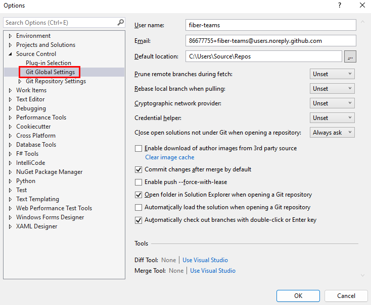 Visual Studio の [オプション] ダイアログの [Git グローバル設定] のスクリーンショット。