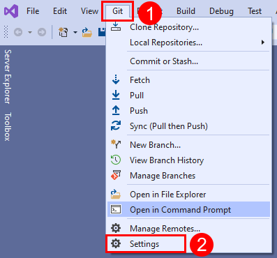 Visual Studio のメニュー バーの [設定] オプションのスクリーンショット。