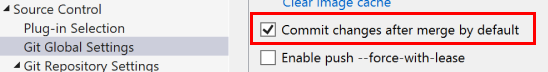 Visual Studio の [オプション] ダイアログ ボックスにある既定でマージ後に変更をコミットするためのチェックボックスを示すスクリーンショット。