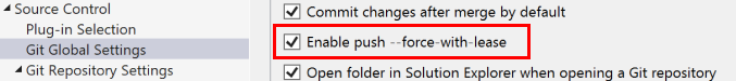 Visual Studio の [オプション] ダイアログ ボックスにある push --force-with-lease を有効にするためのチェックボックスを示すスクリーンショット。