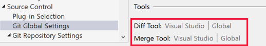 Visual Studio の [オプション] ダイアログ ボックスの差分とマージのツールの設定を示すスクリーンショット。