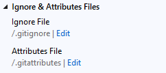 Visual Studio 2019 のチーム エクスプローラーにある .gitignore または .gitattributes ファイルの [編集] ボタンを示すスクリーンショット。