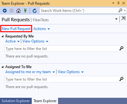 Visual Studio 2019 のチーム エクスプローラーの [Pull Requests] ビューの [新しい pull request] リンクのスクリーンショット。
