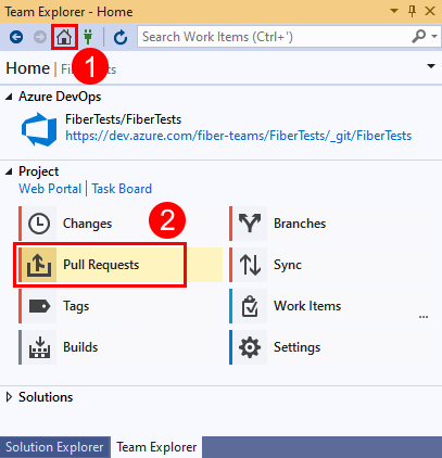 Visual Studio 2019 のチーム エクスプローラーにある [Pull Requests] オプションのスクリーンショット。