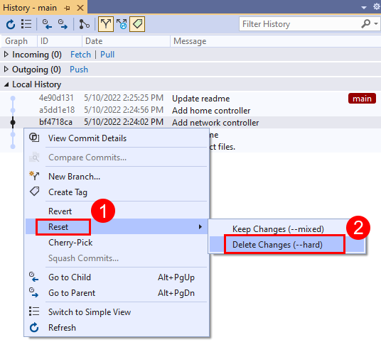 Visual Studio の [履歴] ウィンドウのコミットに対するコンテキスト メニューの [リセット] オプションのスクリーンショット。