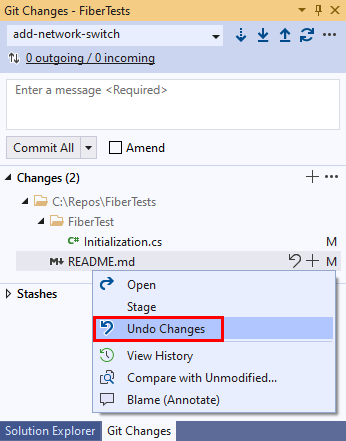 Visual Studio の変更されたファイルに対するコンテキスト メニュー オプションのスクリーンショット。