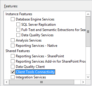 SQL Server クライアント ツール接続機能のインストールのスクリーンショット。