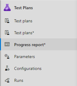 [進行状況レポート] オプションが強調表示されている [Test Plans] セクションのスクリーンショット。