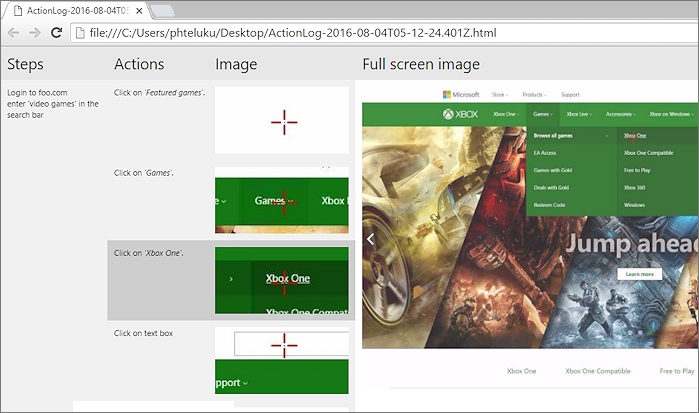 画像アクション ログにキャプチャされたデータを表示するスクリーンショット。