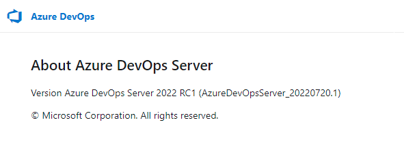 オンプレミスの Azure DevOps Server の [バージョン情報] ページのスクリーンショット。