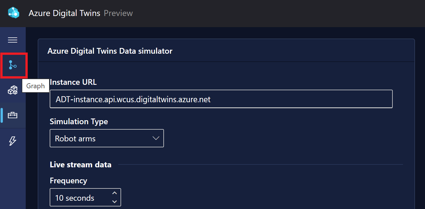 Screenshot of the Azure Digital Twins Data simulator where the button to switch to the Graph experience is highlighted.