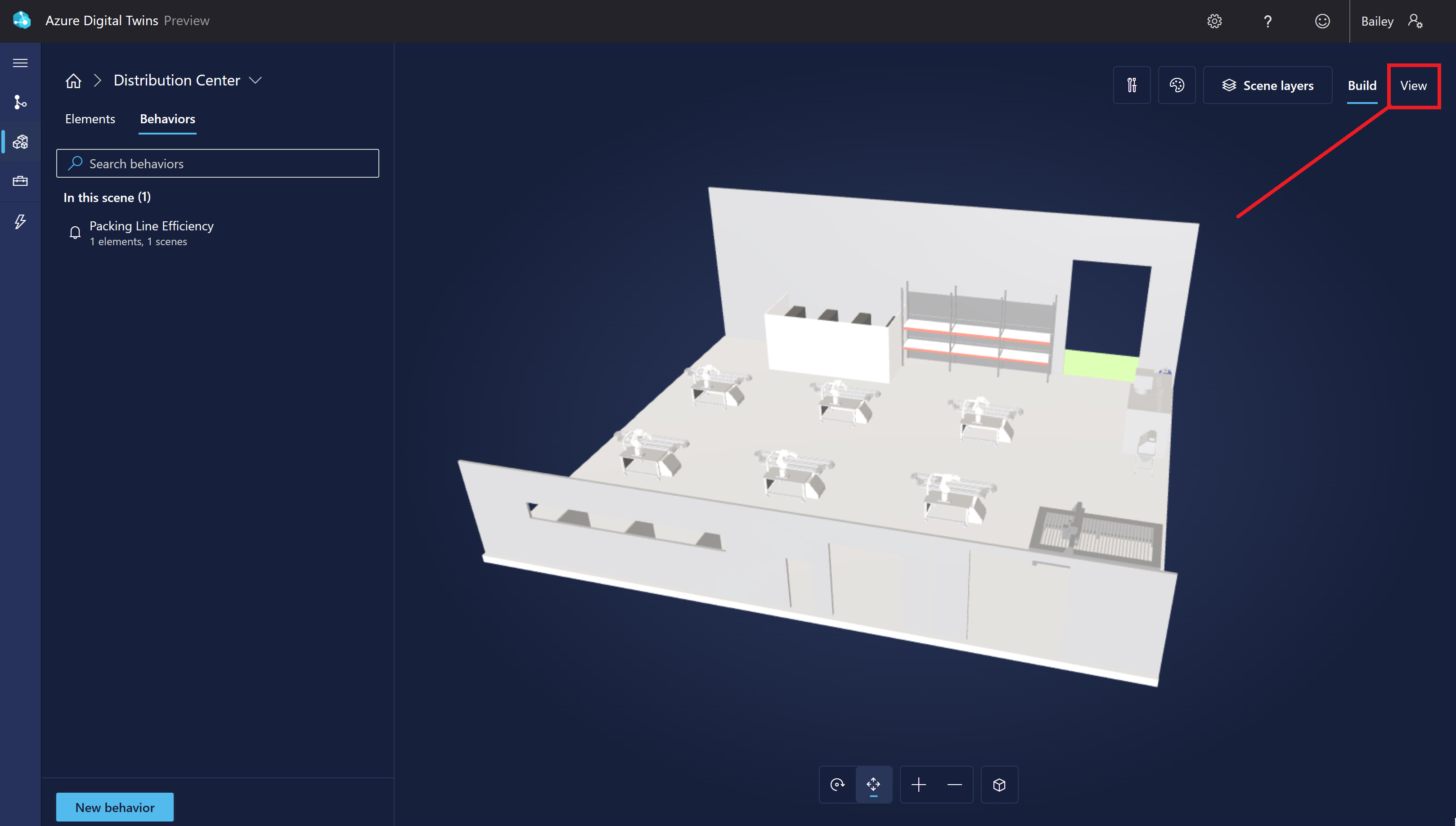 Screenshot of the factory scene in 3D Scenes Studio, highlighting the View mode button.