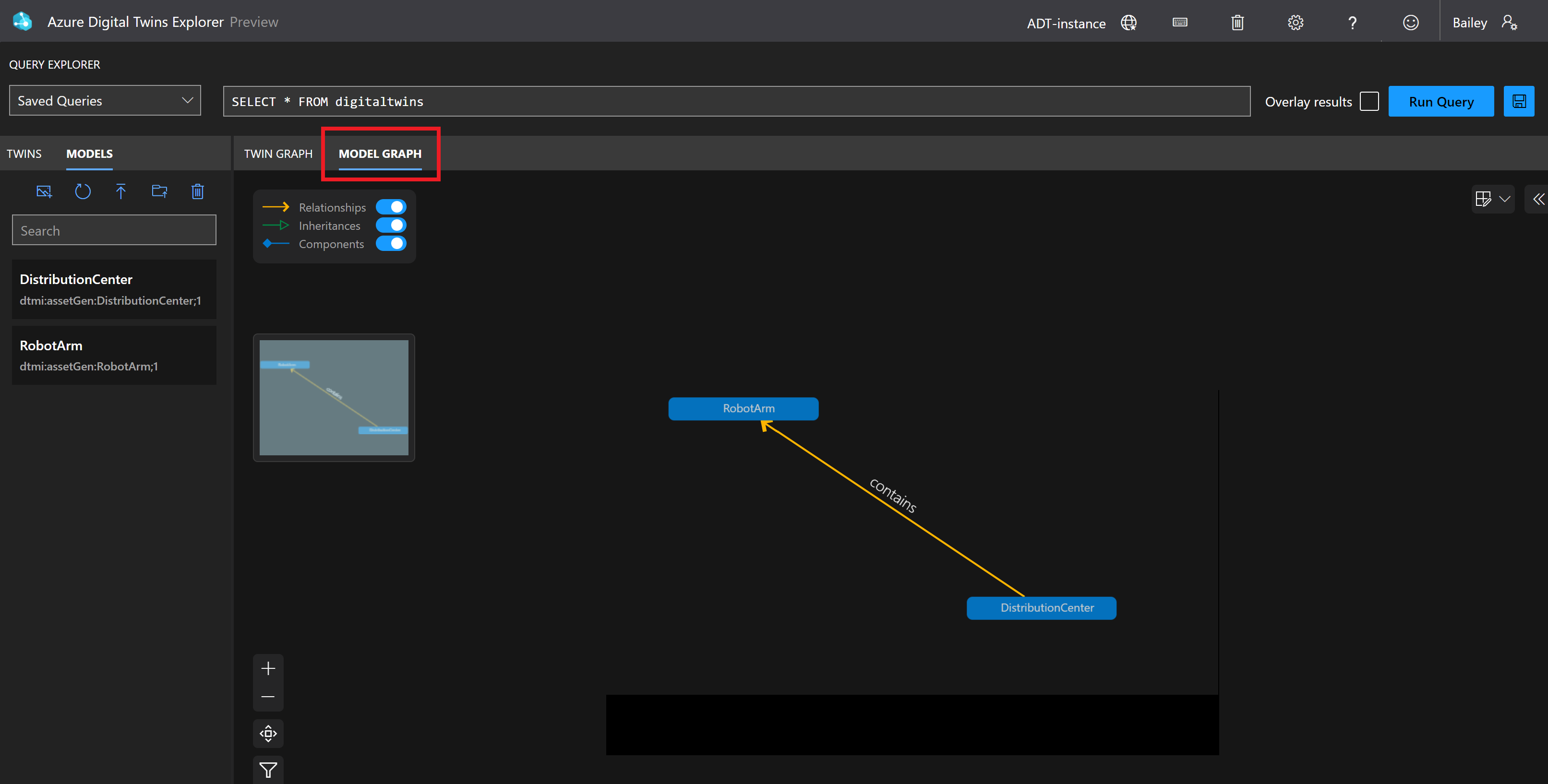 Screenshot of the Azure Digital Twins Explorer highlighting the Model Graph button for the view pane.