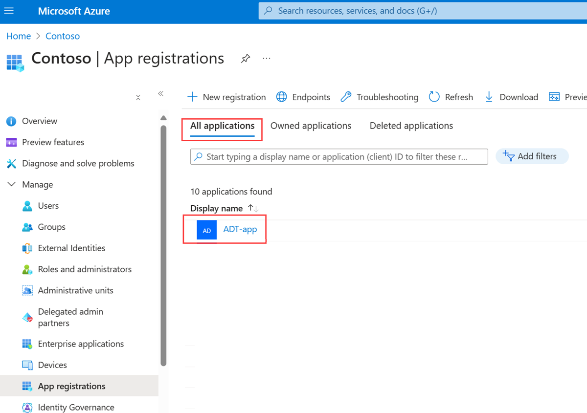 Screenshot of the app registrations page in the Azure portal.