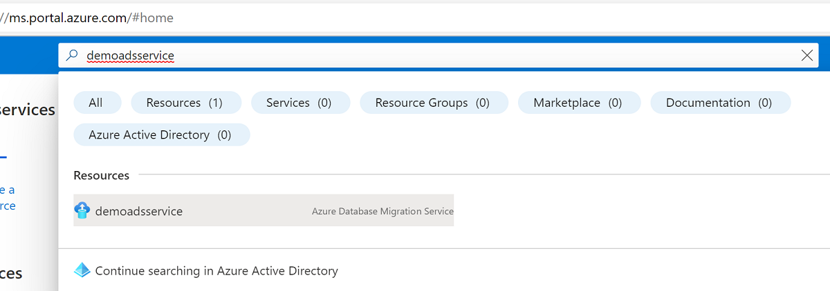Search Azure Database Migration Service resource in portal
