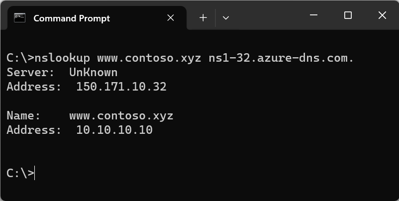 n s lookup コマンドと、Server、Address、Name、Address の値を表示するコマンド プロンプト ウィンドウを示すスクリーンショット。