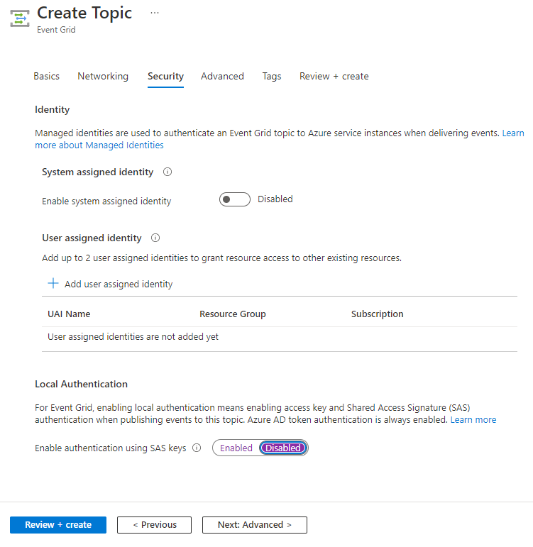 Screenshot showing the Advanced tab of Create Topic page when you can disable local authentication.