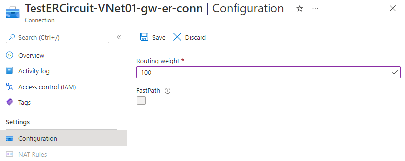 Screenshot of configuring connection weight via Azure portal.