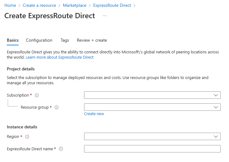 Screenshot of the basics page for create ExpressRoute Direct.