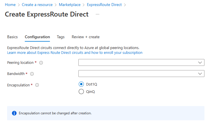 Screenshot that shows the 'Create ExpressRoute Direct' page with the 'Configuration' tab selected.