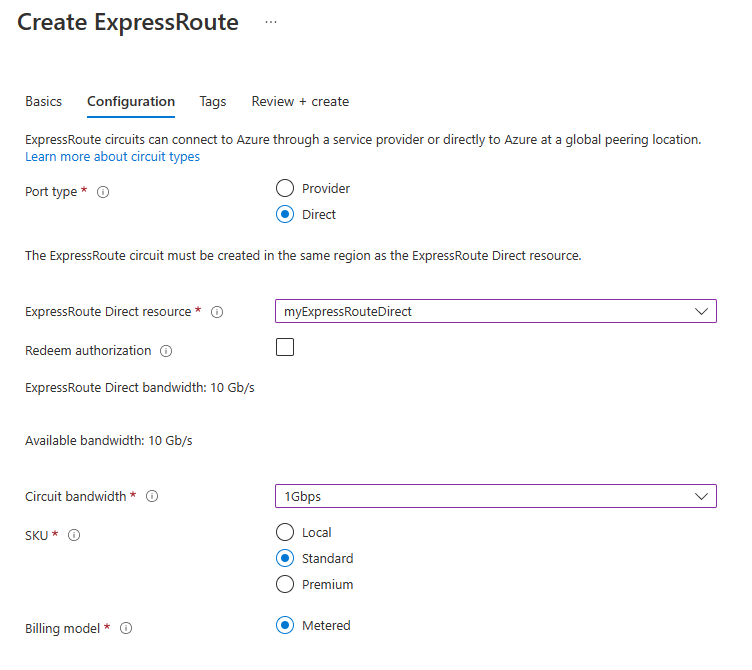 Configuration page - ExpressRoute Direct