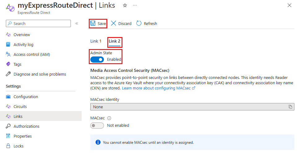 Screenshot of admin state enabled for Link 2.