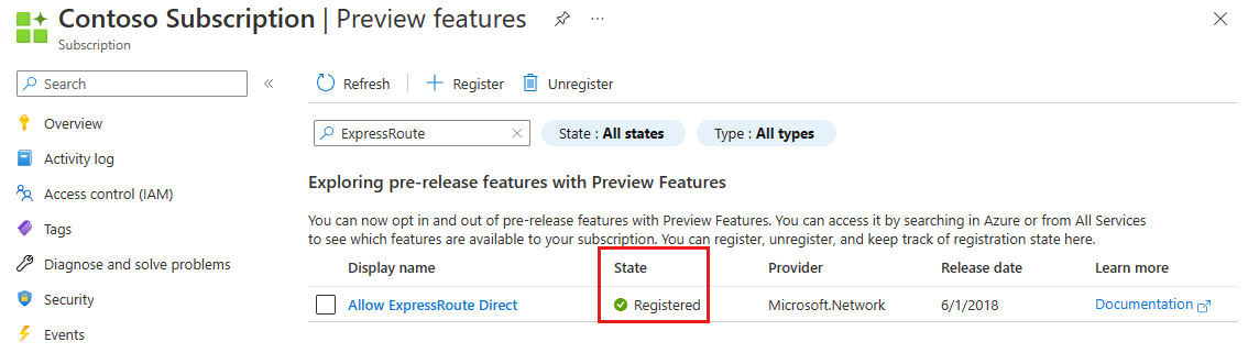 Screenshot of allow ExpressRoute Direct feature registered.