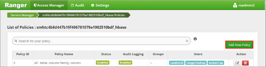 Screenshot that shows the Apache Ranger HBase policies list.