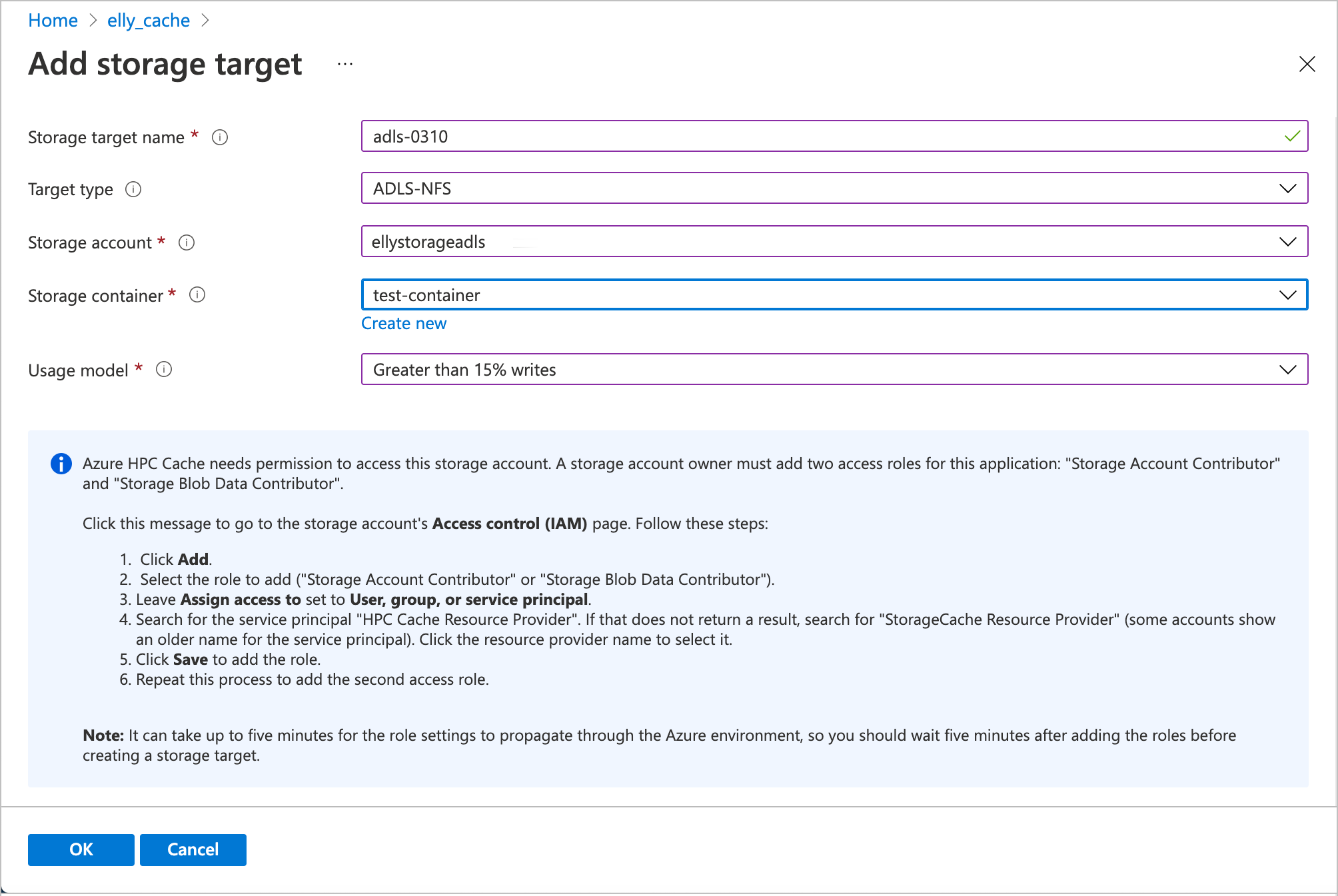 Screenshot of add storage target page with ADLS-NFS target defined