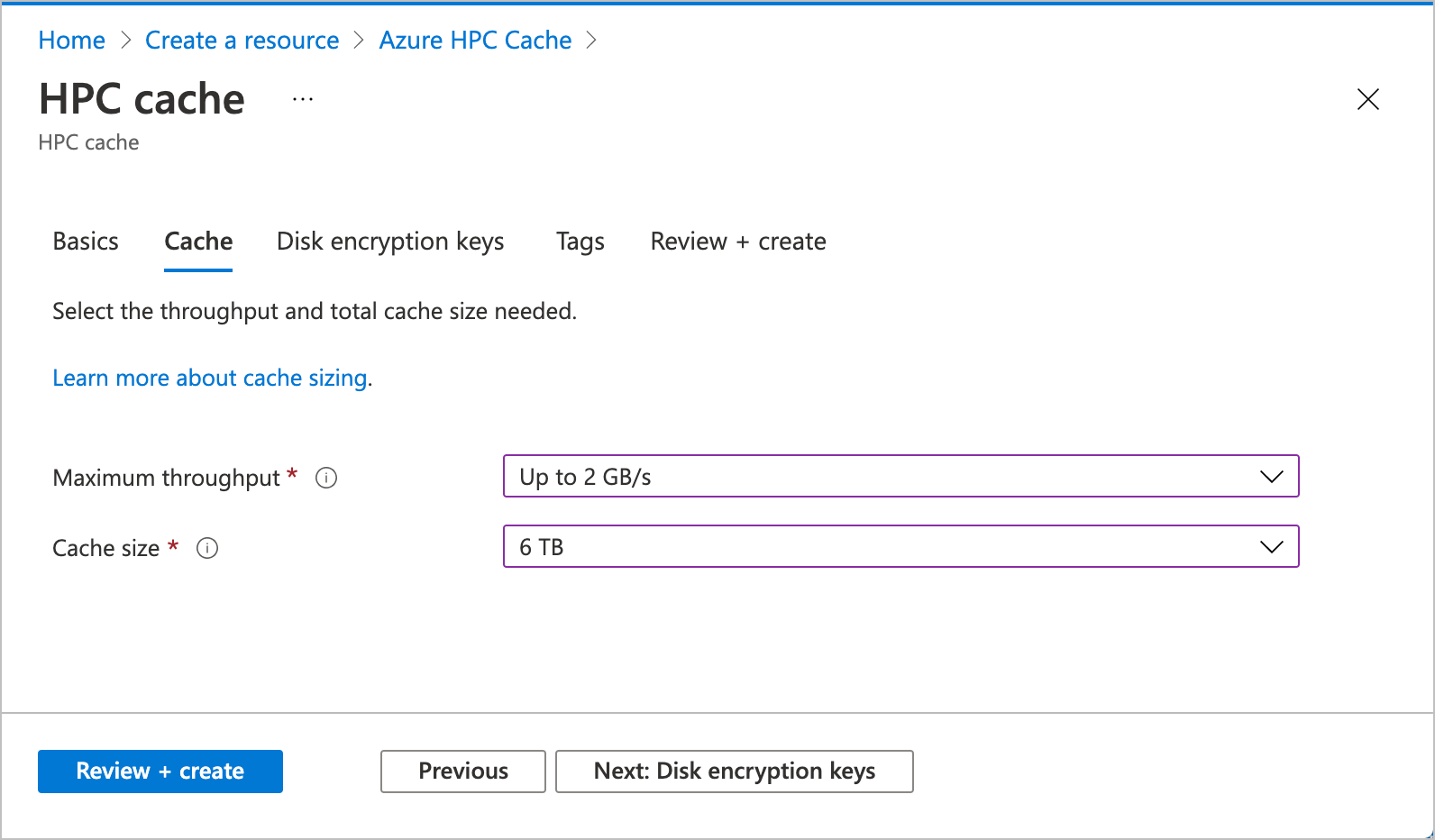 Screenshot of cache sizing page in the Azure portal.