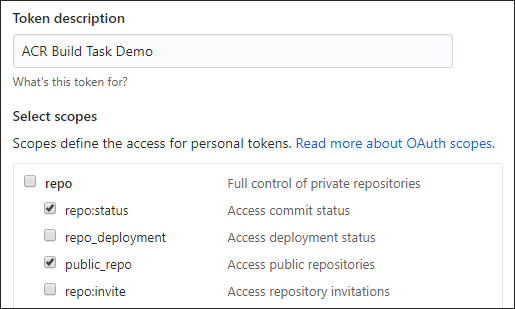 GitHub の個人用アクセス トークン生成ページのスクリーンショット