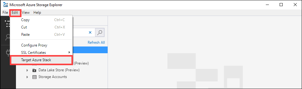 [編集] メニューの [Target Azure Stack]\(Azure Stack を対象にする\) が選択されていることを示すスクリーンショット。