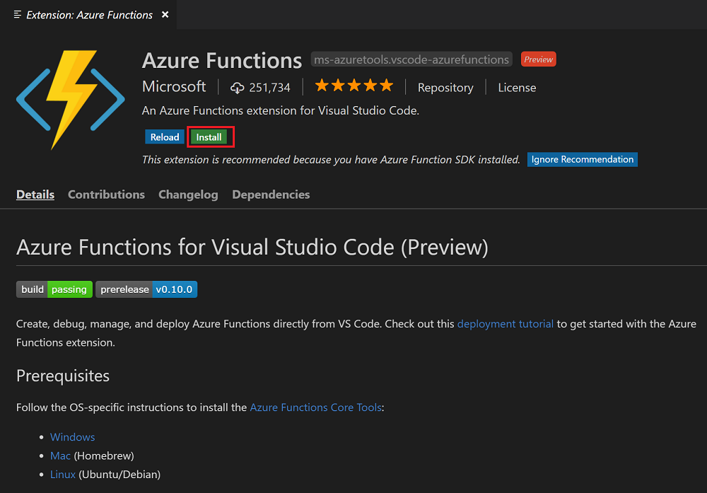 Install the extension for Azure Functions
