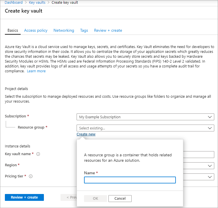 Screenshot of the Azure Key Vault creation experience. Showing the particular values you create