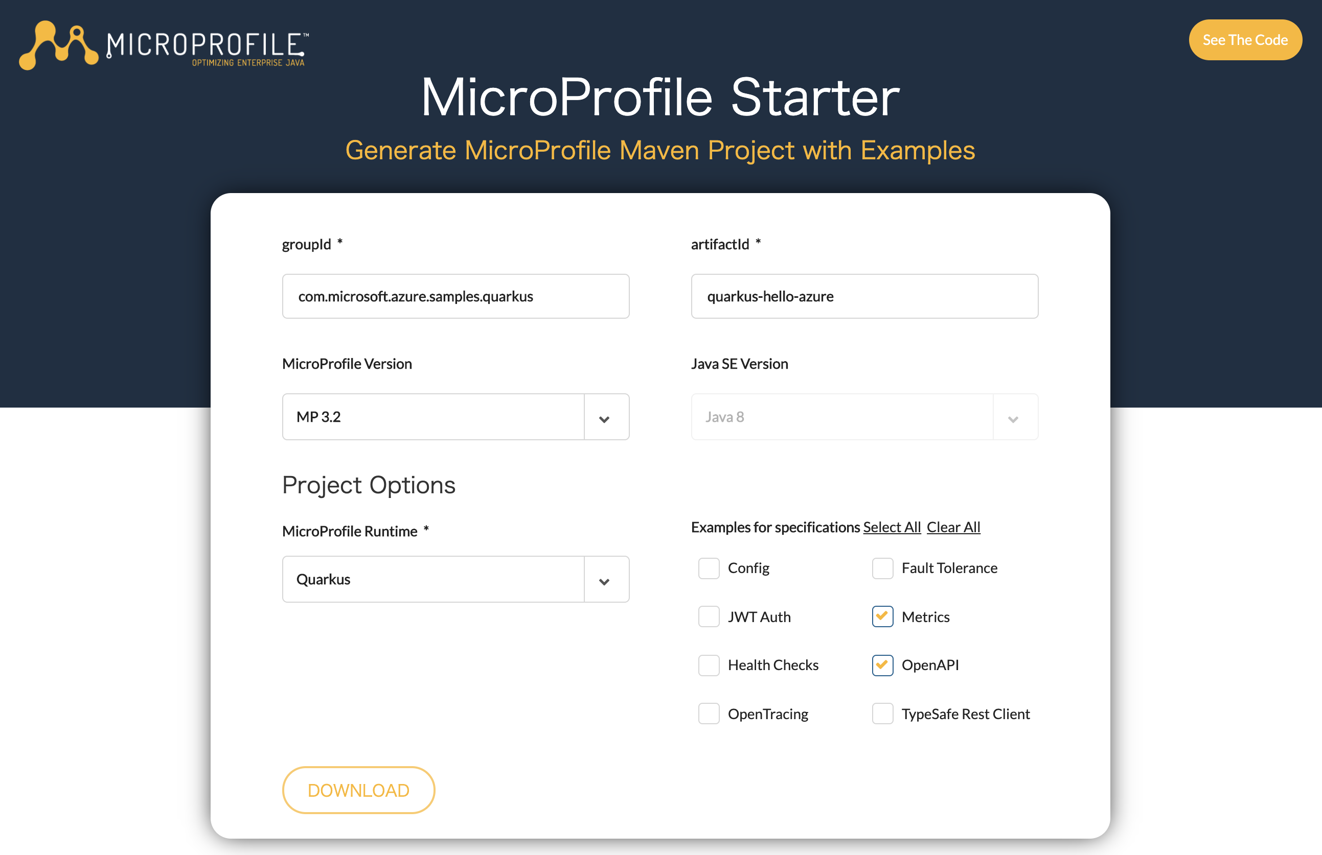 Quarkus ランタイムが選択された MicroProfile Starter を示すスクリーンショット。