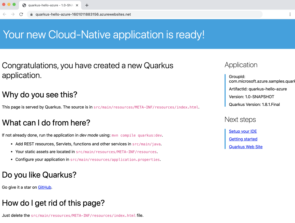 Quarkus のフロント ページを示す Web ブラウザーのスクリーンショット。