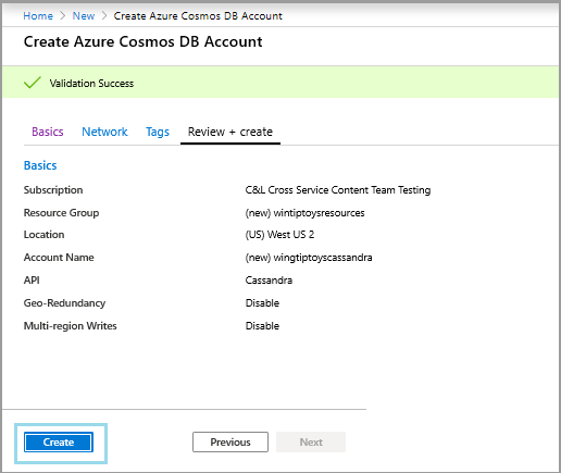 Azure Cosmos DB アカウントの設定を指定します。