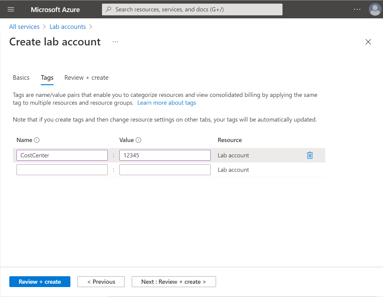 Screenshot that shows the Tags tab of the Create lab account wizard.