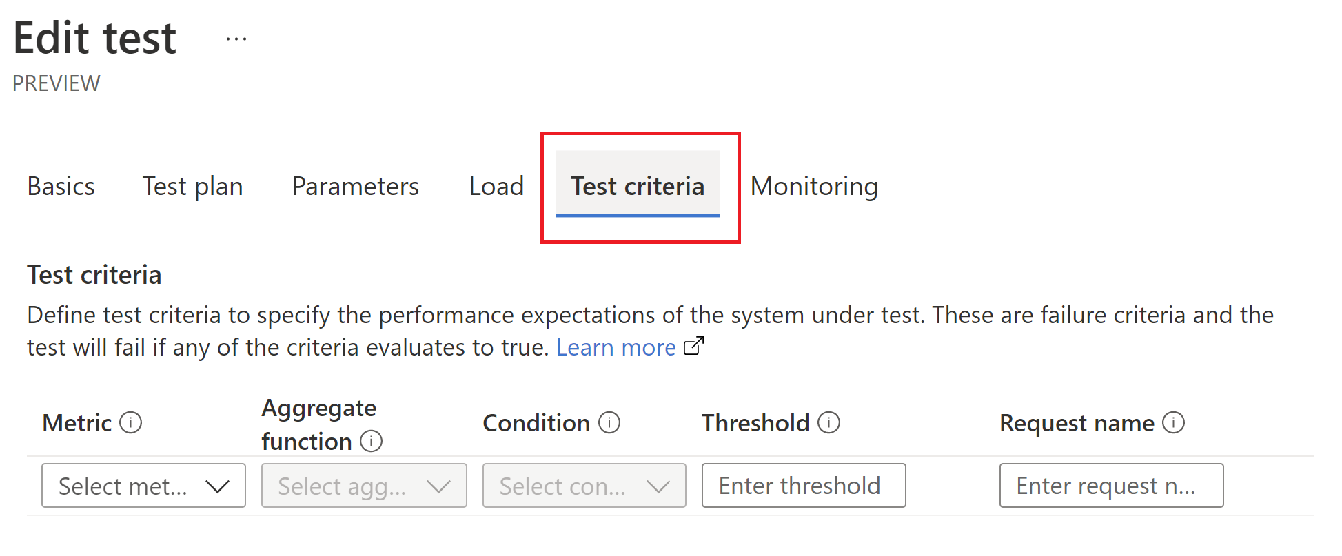 [Test criteria] タブと条件構成のペインが表示されたスクリーンショット。
