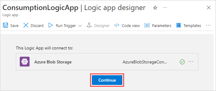 デザイナーを、Azure Blob Storage への接続とともに示すスクリーンショット。[続行] ボタンが選択されています。