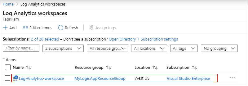 Select your Log Analytics workspace
