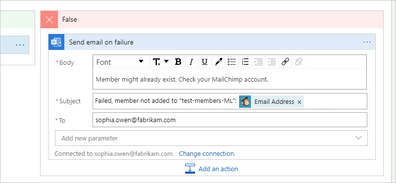 [Send email on failure] アクションと、失敗時のメールに指定する情報を示したスクリーンショット。