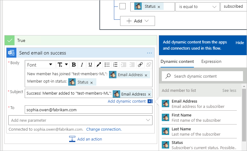 [Send email on success] アクションと、成功時のメールに指定する情報を示したスクリーンショット。