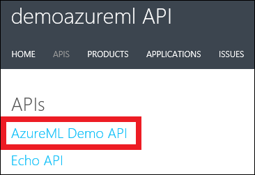 スクリーンショットは、AzureML Demo API のリンクを示しています。